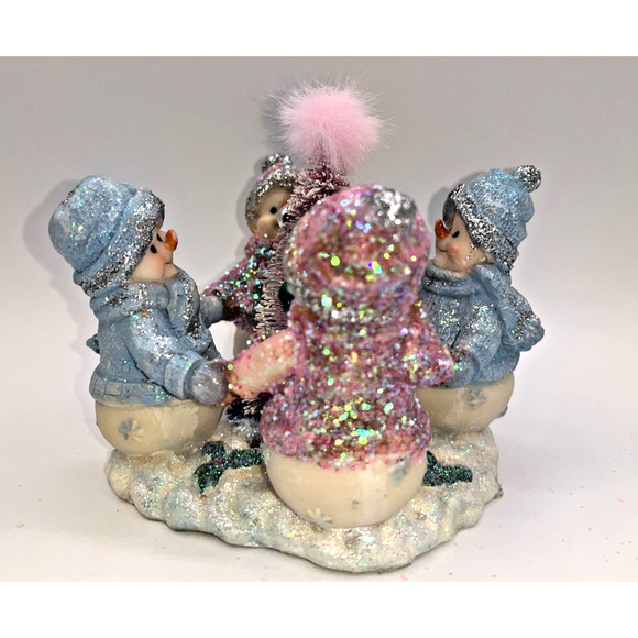 Vintage Four Pastel Pink Blue Snowmen & Pink Bottle Brush Tree Faux Fur OMG OOAK - Picture 15 of 16